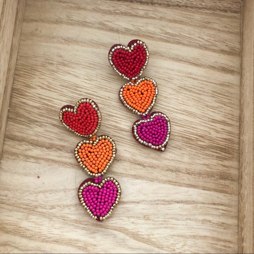 New! Beaded Heart Earrings Red Orange Pink - Picture 5 of 8